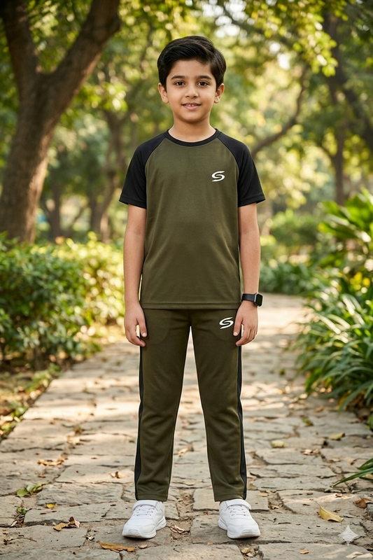 Kid's dry-fit tracksuit in olive green and black by Superwear, featuring a comfortable athletic design for active wear.
