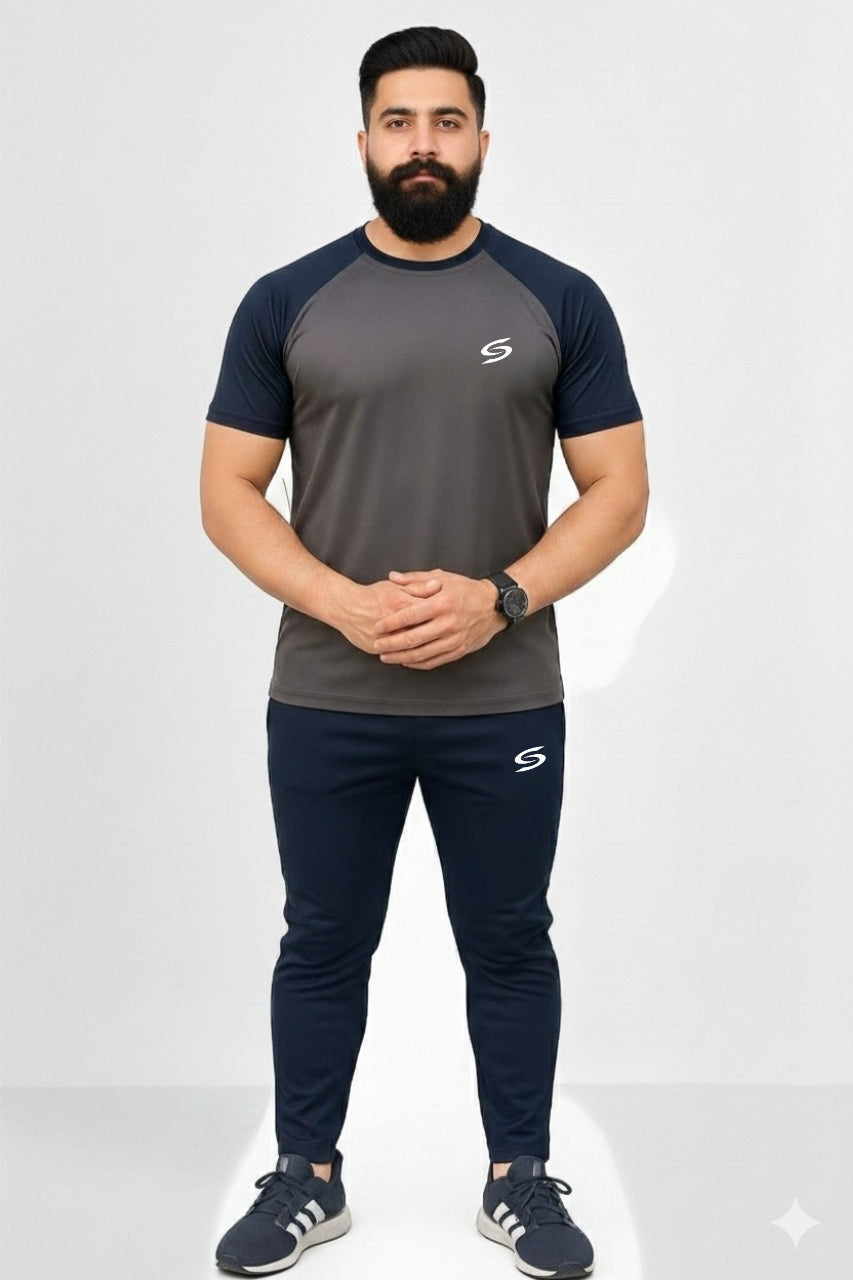 Men’s Dry-Fit Tracksuit-Olive Grey/Navy Blue combo#158