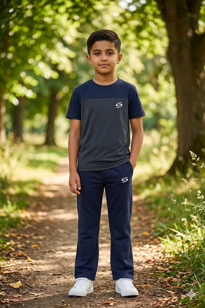 Superwear kid's navy blue and gray dry-fit tracksuit, comfortable athletic clothing for children.