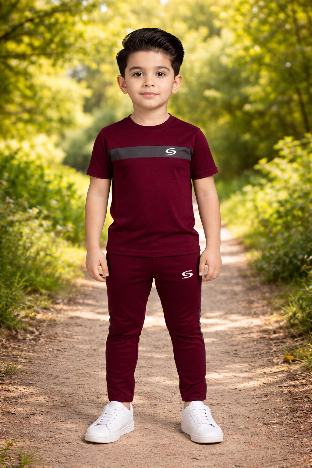 Kid's dry-fit tracksuit in maroon and gray by Superwear, featuring a comfortable athletic design and lightweight fabric.