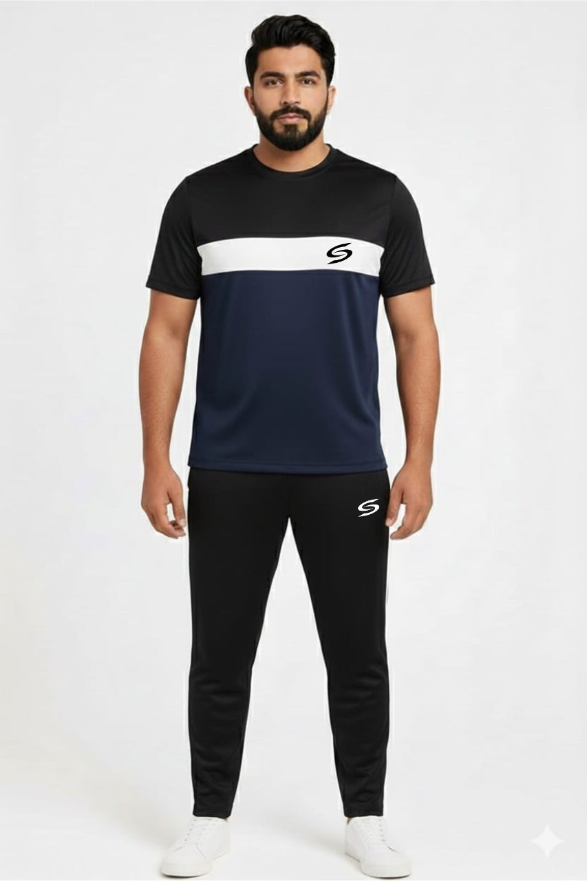 Men’s Dry-Fit Tracksuit-Navy Blue/White/Black Combo #179