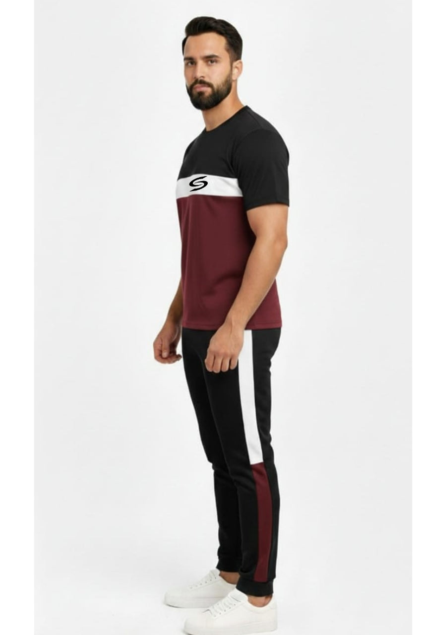 Men’s Dry-Fit Tracksuit-Maroon/White/Black Combo #180