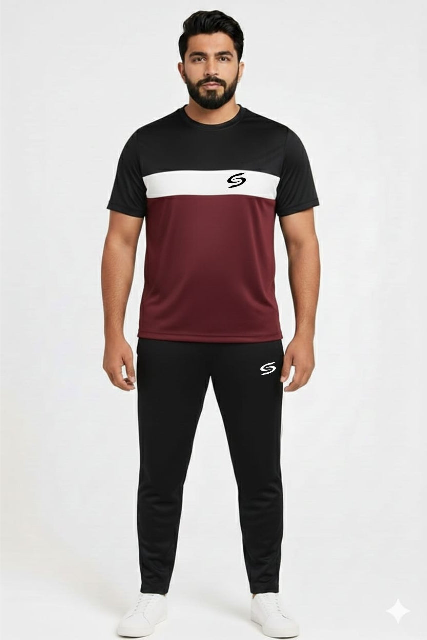 Men’s Dry-Fit Tracksuit-Maroon/White/Black Combo #180