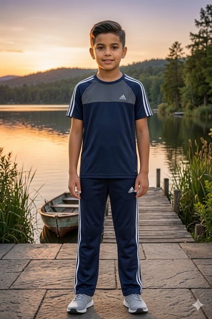 Kids' dry-fit tracksuit by Superwear in gray and navy blue, featuring comfortable athletic material and sporty design.