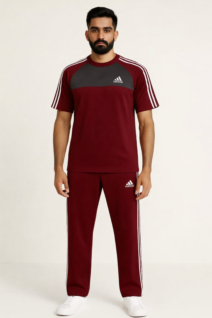 Men’s Dry-Fit Tracksuit-Adi Style-Maroon/Grey Combo#194