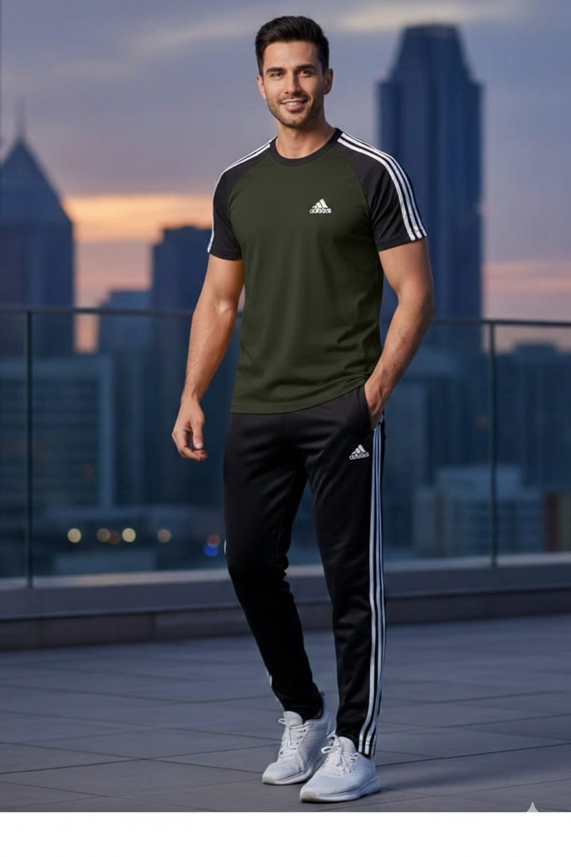 Men’s Dry-Fit Tracksuit-Adi Style-Dark olive/Black Combo#199 - Superwear