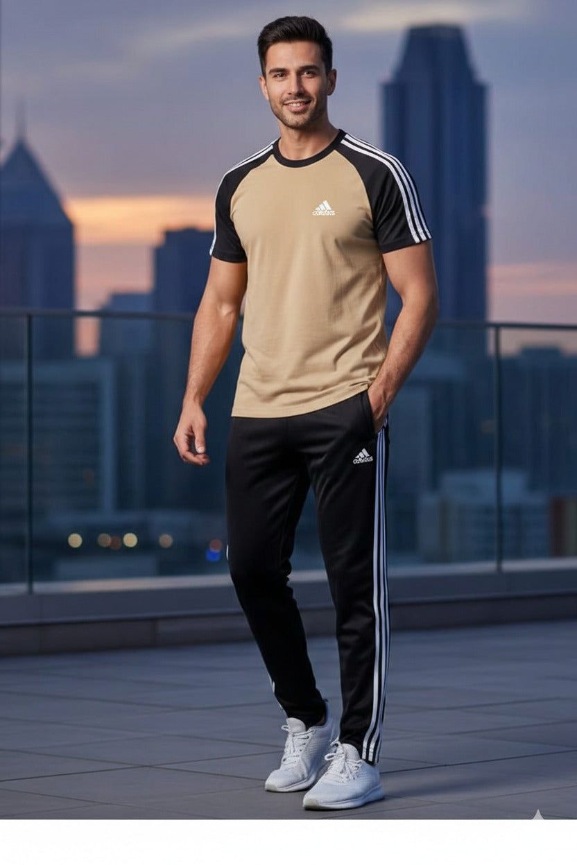 Men’s Dry-Fit Tracksuit-Adi Style-Beige,skin/Black Combo#200 - Superwear