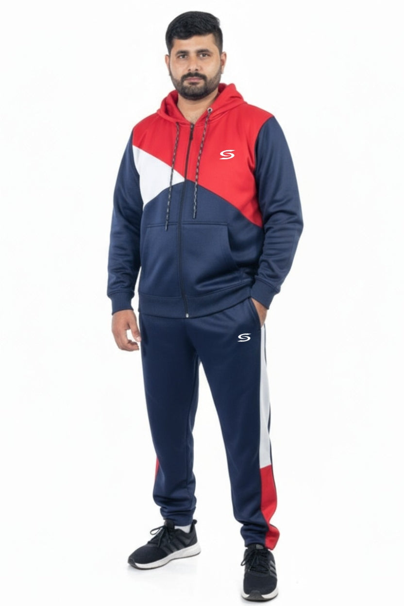 Premium-Navy+Red & White Combo-Micro Fleece Tracksuit For Men - Superwear
