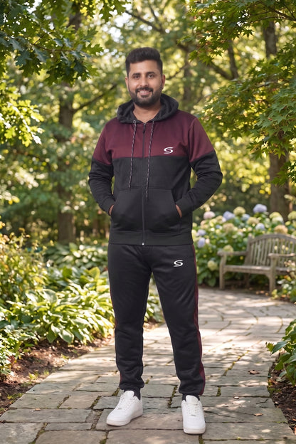 Men's maroon and black micro fleece tracksuit by My Store, featuring a comfortable fit and stylish design for casual wear.