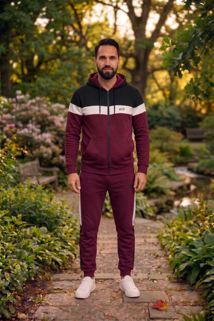 Men's micro fleece tracksuit in maroon, black, and white, featuring a comfortable fit and stylish design for active wear.