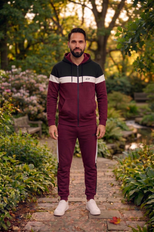 Men's micro fleece tracksuit in maroon, black, and white, featuring a comfortable fit and stylish design for active wear.