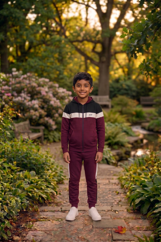 Kid's Kid's Only premium tracksuit in maroon, black, and white with a comfortable fit and stylish design.
