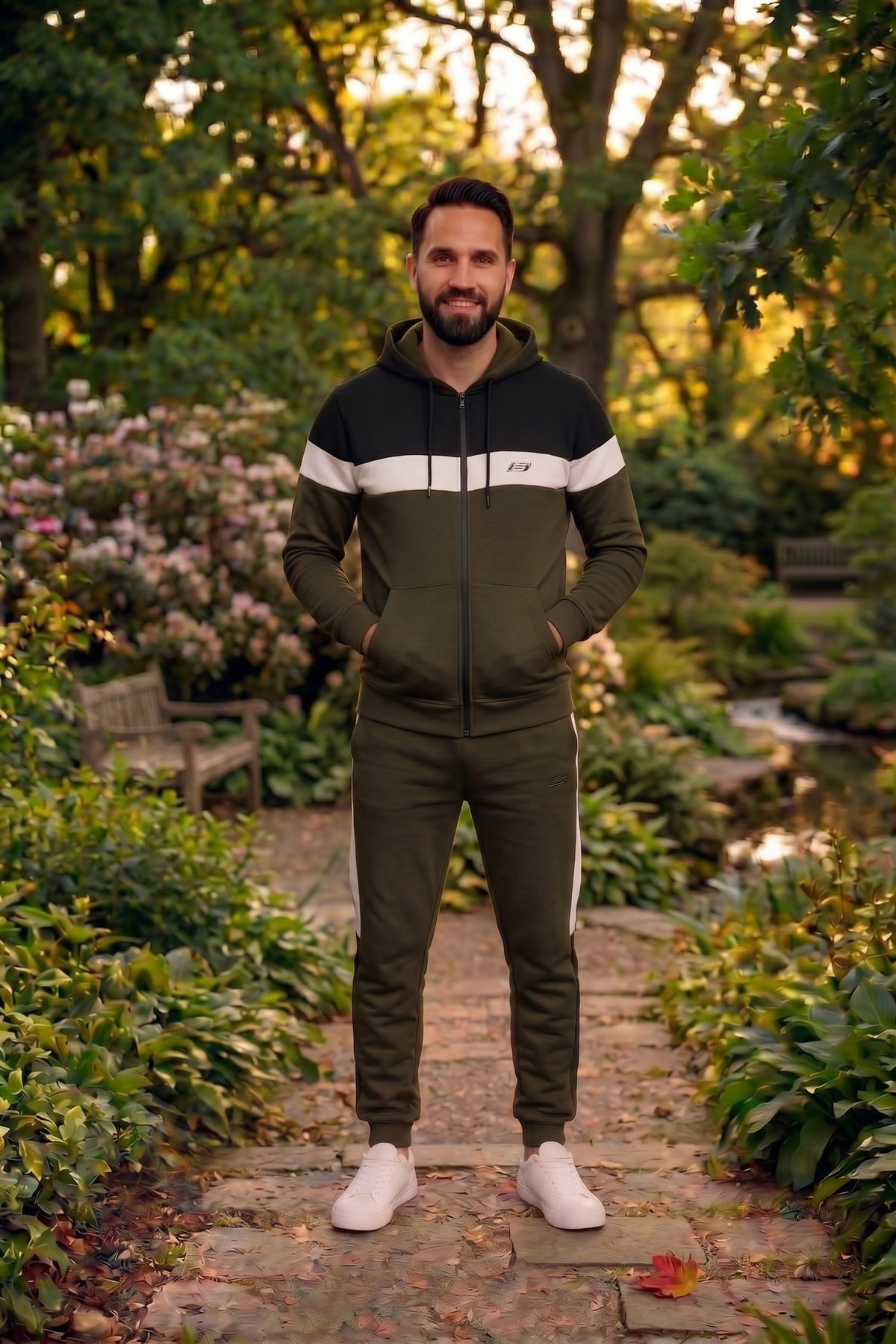 Men's micro fleece tracksuit in olive, black, and white, featuring a premium combo design by My Store.