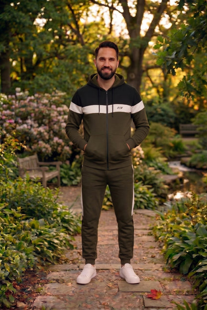 Men's micro fleece tracksuit in olive, black, and white, featuring a premium combo design by My Store.