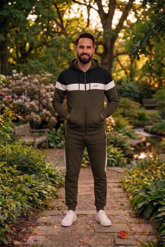 Men's micro fleece tracksuit in olive, black, and white, featuring a premium combo design by My Store.