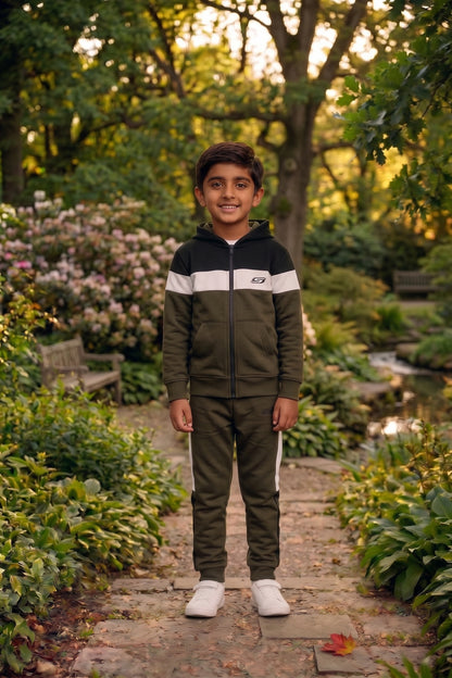 Kid's Only olive, black, and white premium tracksuit from My Store featuring comfortable fabric and stylish design.