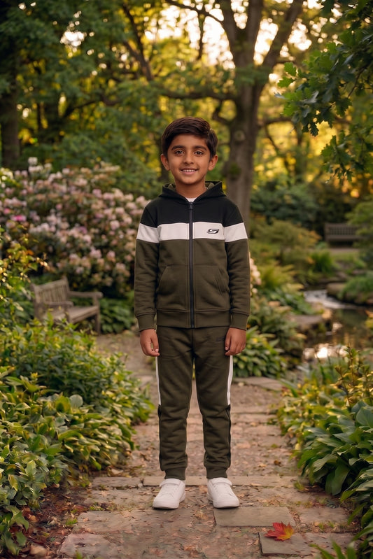 Kid's Only olive, black, and white premium tracksuit from My Store featuring comfortable fabric and stylish design.
