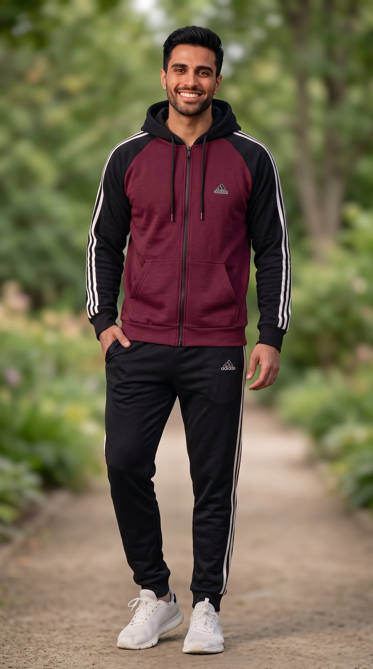 Men's maroon and black micro fleece tracksuit by My Store, featuring a comfortable, stylish athletic tracksuit for active wear.
