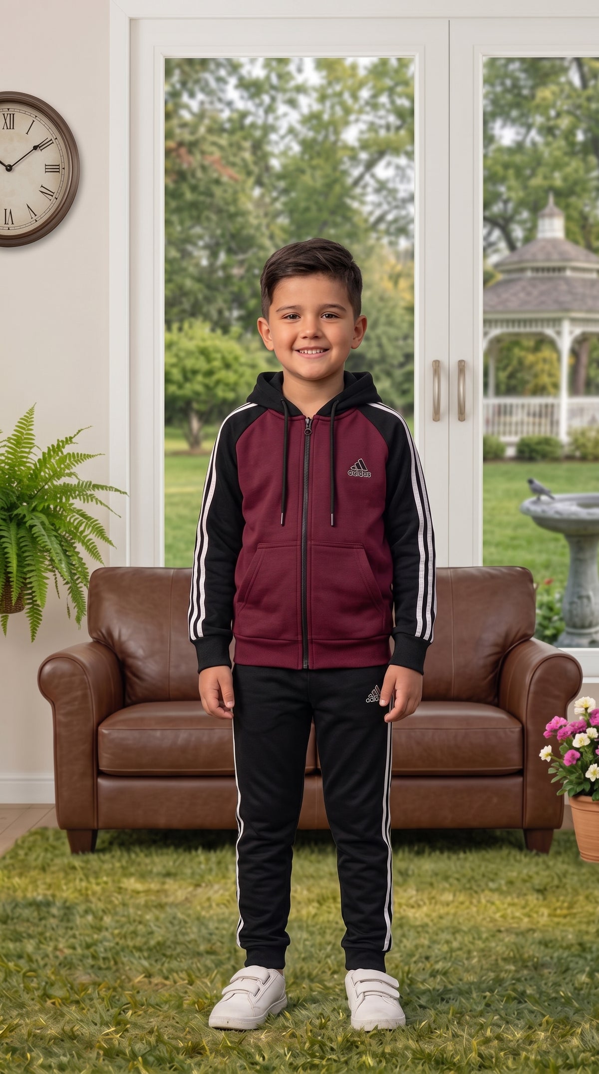 Kid's Only-Adi maroon and black premium tracksuit, front view showing soft fabric and stylish design for active children.