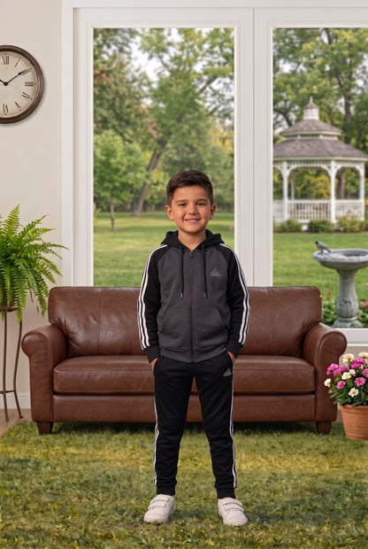 Kid's Only-Adi gray and black premium tracksuit with zip-up jacket and matching pants, suitable for active children.