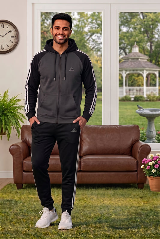 Men's gray and black micro fleece tracksuit by My Store, featuring a comfortable fit and modern athletic design.