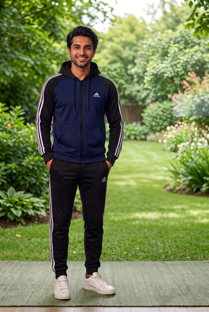 Men's navy and black micro fleece tracksuit by My Store, featuring a comfortable fit and stylish athletic design.
