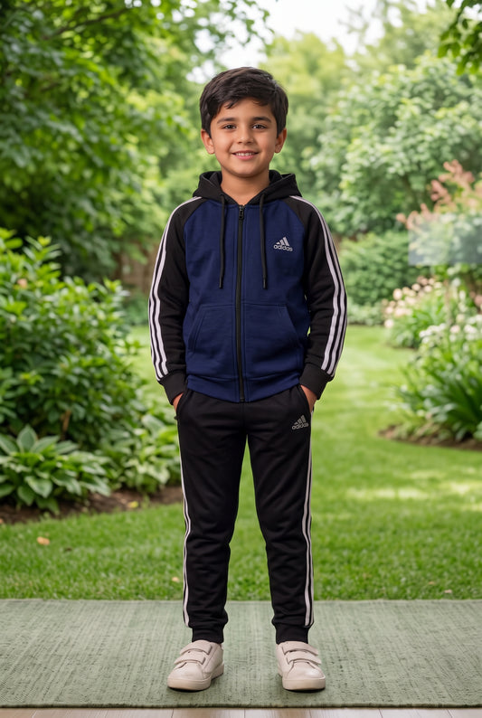 Kid's Only-Adi navy and black premium tracksuit, featuring comfortable fabric and stylish design for kids.