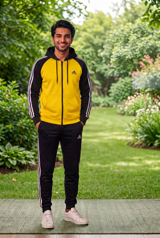 Men's yellow and black micro fleece tracksuit by My Store, premium Adi combo, featuring a comfortable fit and athletic design.