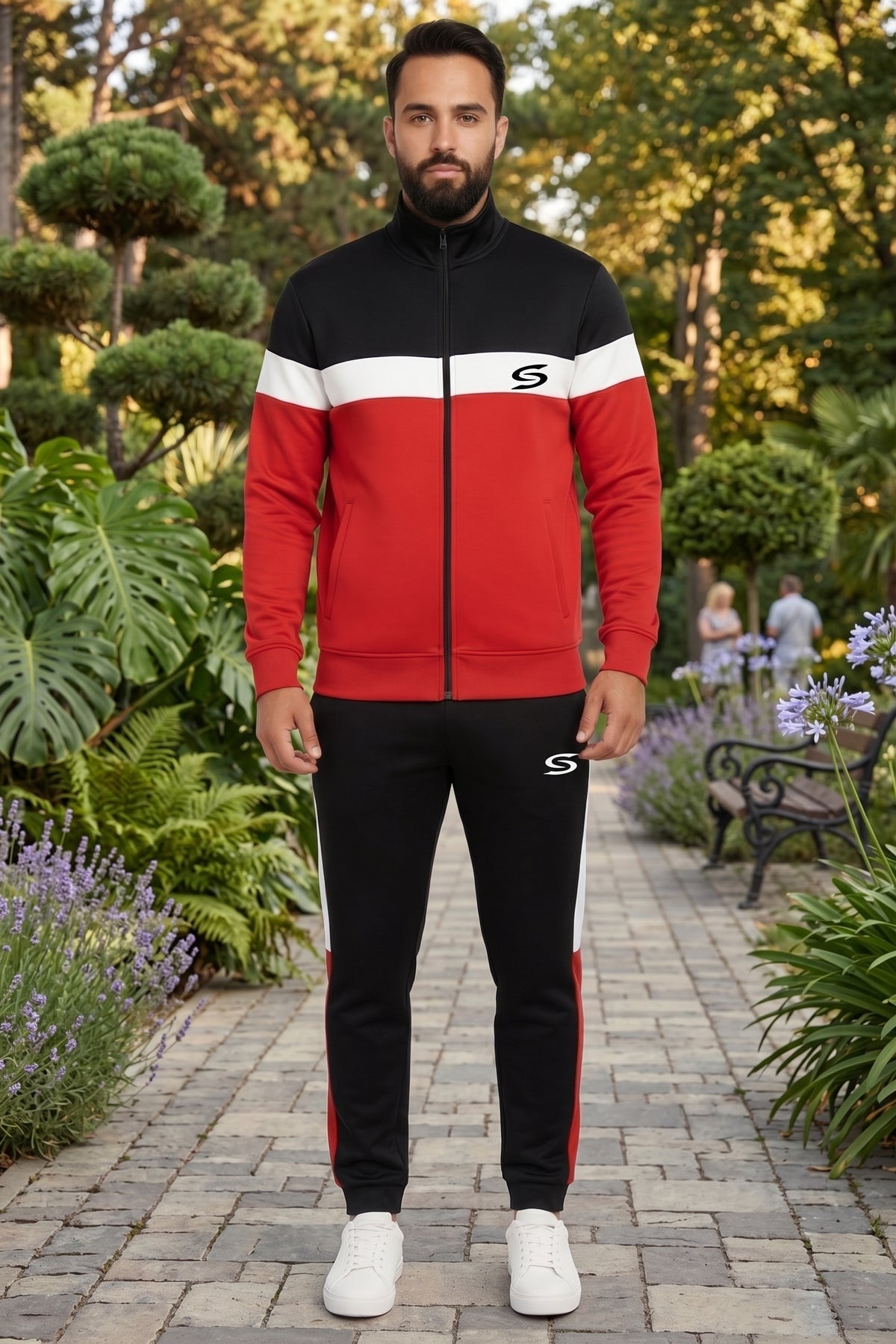 Red, black, and white mock neck full-zip tracksuit by My Store, showing the stylish athletic design and zip-up front.