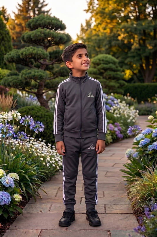 Kid's Only-Adi gray mock neck premium tracksuit, front view, soft fabric, and stylish design for children.