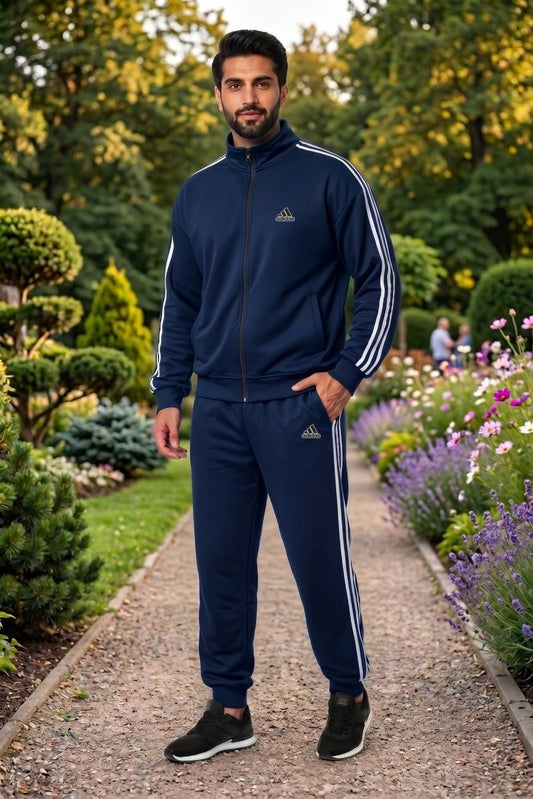 My Store Adi navy full-zip tracksuit with mock neck, featuring athletic design and comfortable fit, shown in image 424.