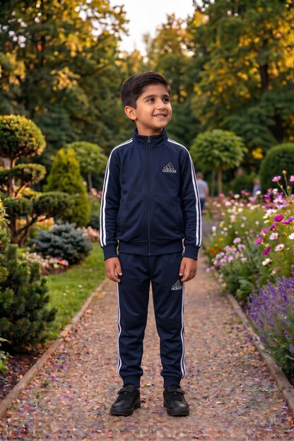 Kids' Kid's Only-Adi Navy Mock Neck Premium Tracksuit, featuring a navy-colored top with a mock neckline and matching pants.