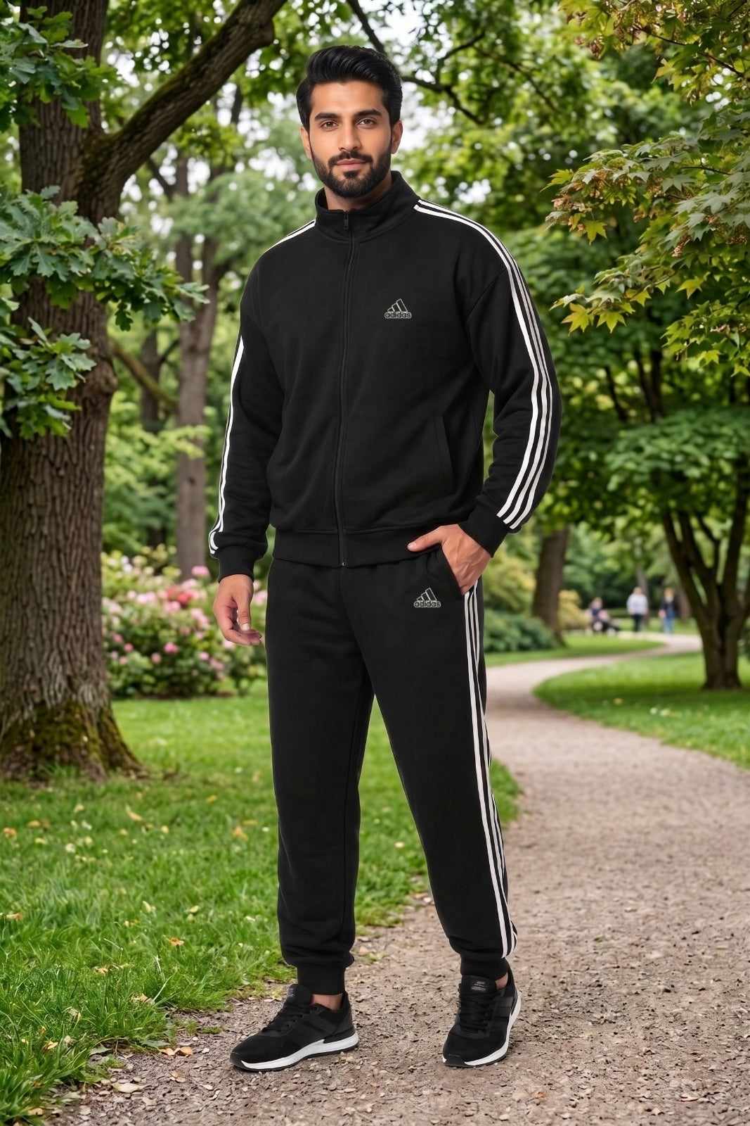 Black Adi mock neck full-zip tracksuit by My Store, featuring a sleek design, zip-up front, and comfortable fit.