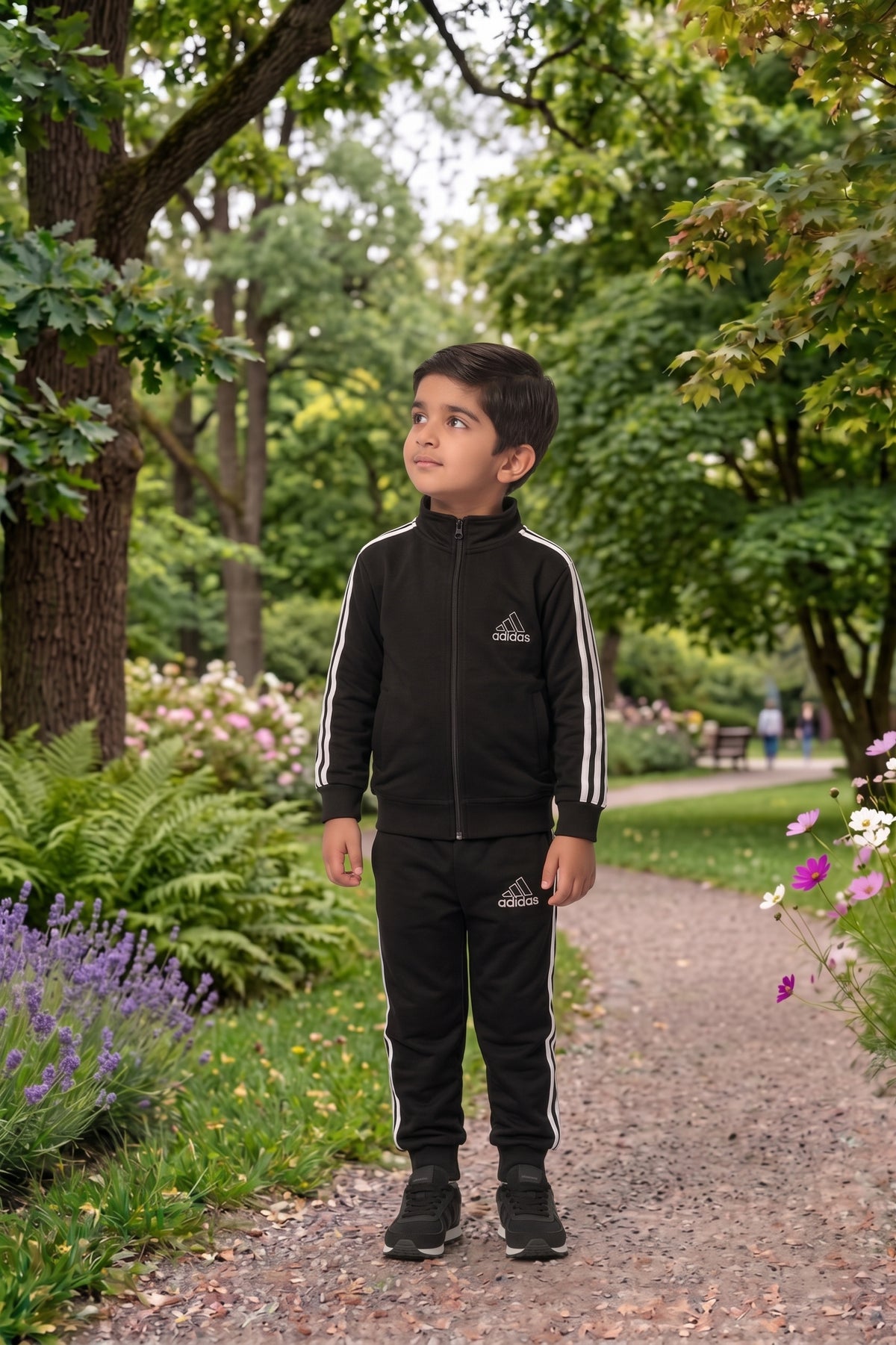 Kid's Only-Adi black mock neck premium tracksuit, front view showing sleek black fabric and stylish design for children