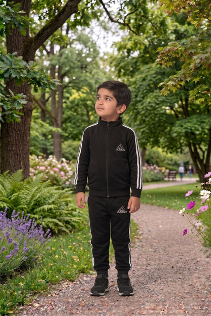 Kid's Only-Adi black mock neck premium tracksuit, front view showing sleek black fabric and stylish design for children
