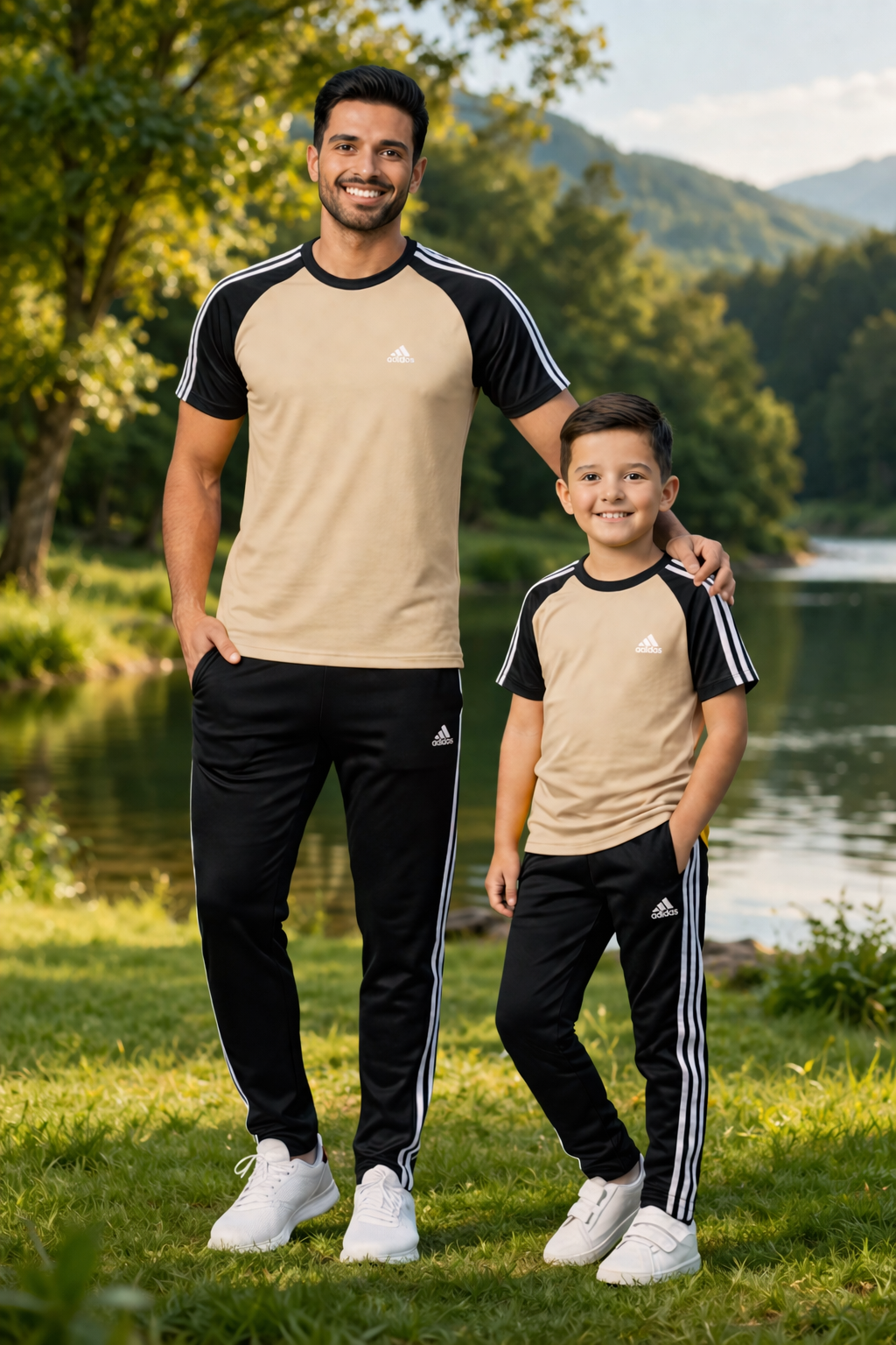 Beige and black combo T-shirt from Superwear's Like Father Like Son-Adi collection, featuring casual style and graphic design.