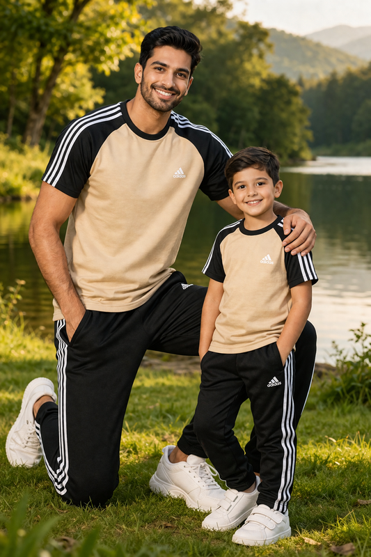 Superwear Like Father Like Son-Adi-Sand beige and black combo t-shirt displayed on a hanger.