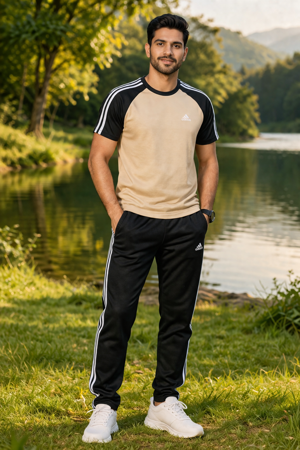Men's dry fit Adi-Sand beige and black combo athletic shirt, showcasing lightweight, breathable fabric and stylish design.