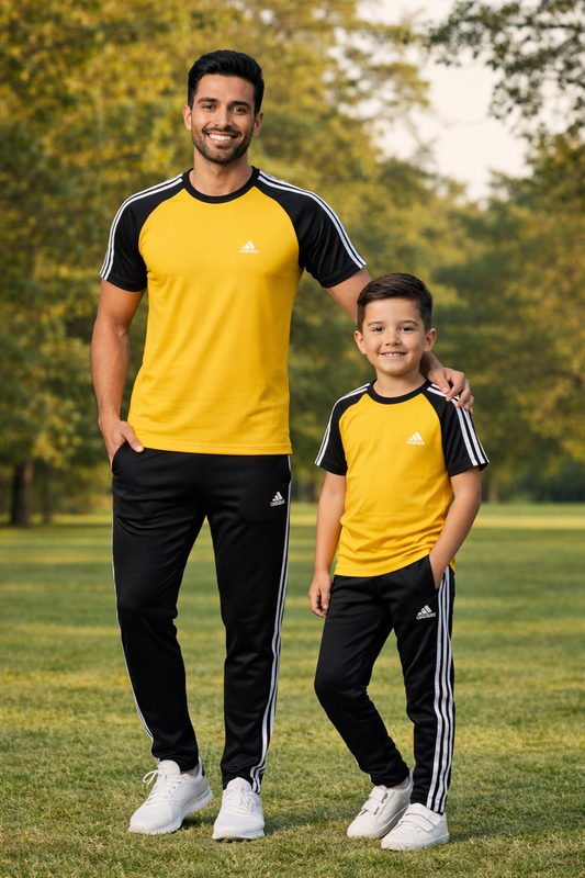 Yellow and black "Like Father Like Son" T-shirt by Superwear, featuring a bold graphic design on the front.
