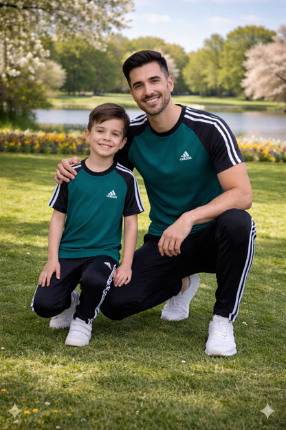 Superwear Like Father Like Son Adi-Zinc and Black combo T-shirts displayed on hangers, showcasing matching casual style.