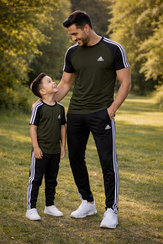 Superwear Like Father Like Son Adi olive green and black combo T-shirt, featuring a comfortable fit and stylish design.