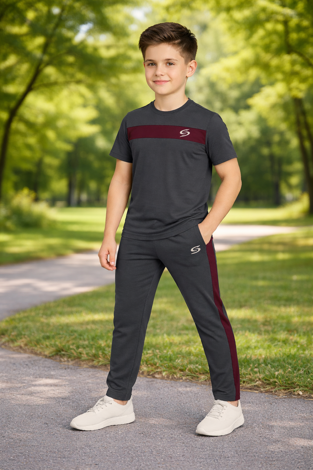 Kids' gray and maroon dry-fit tracksuit by Superwear, featuring a comfortable hooded top and matching athletic pants.