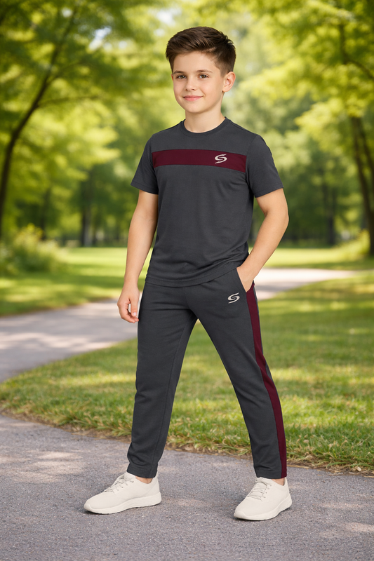 Kids' gray and maroon dry-fit tracksuit by Superwear, featuring a comfortable hooded top and matching athletic pants.