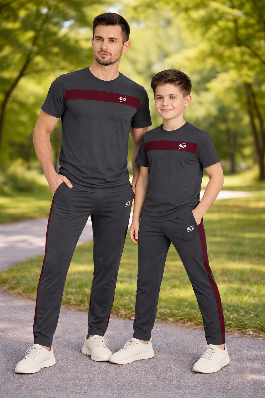 Gray and maroon "Like Father Like Son" matching T-shirts by Superwear, showing the front view with text design.