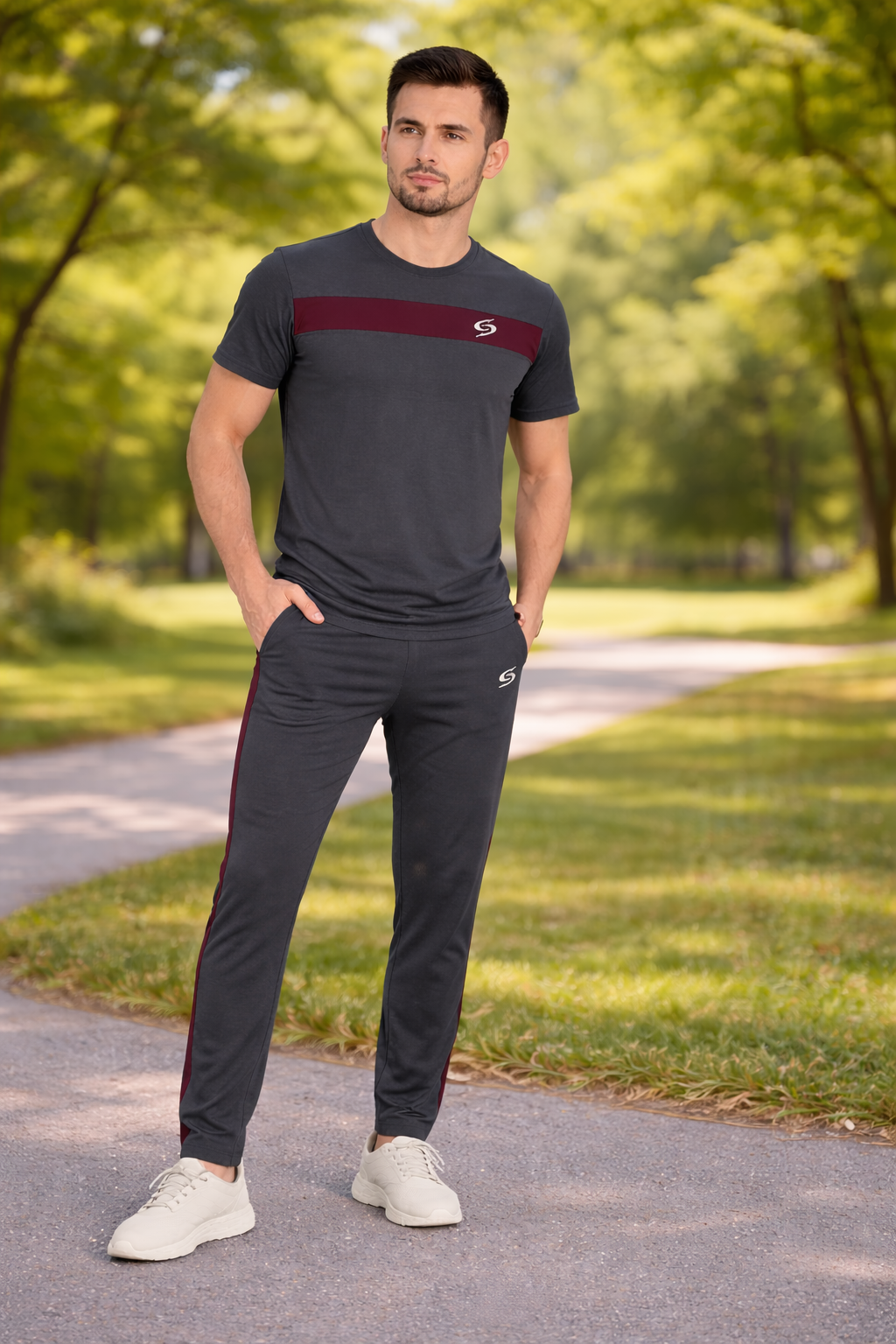 Men’s grey and maroon dry-fit tracksuit by My Store, featuring a comfortable athletic design and modern style for active wear.