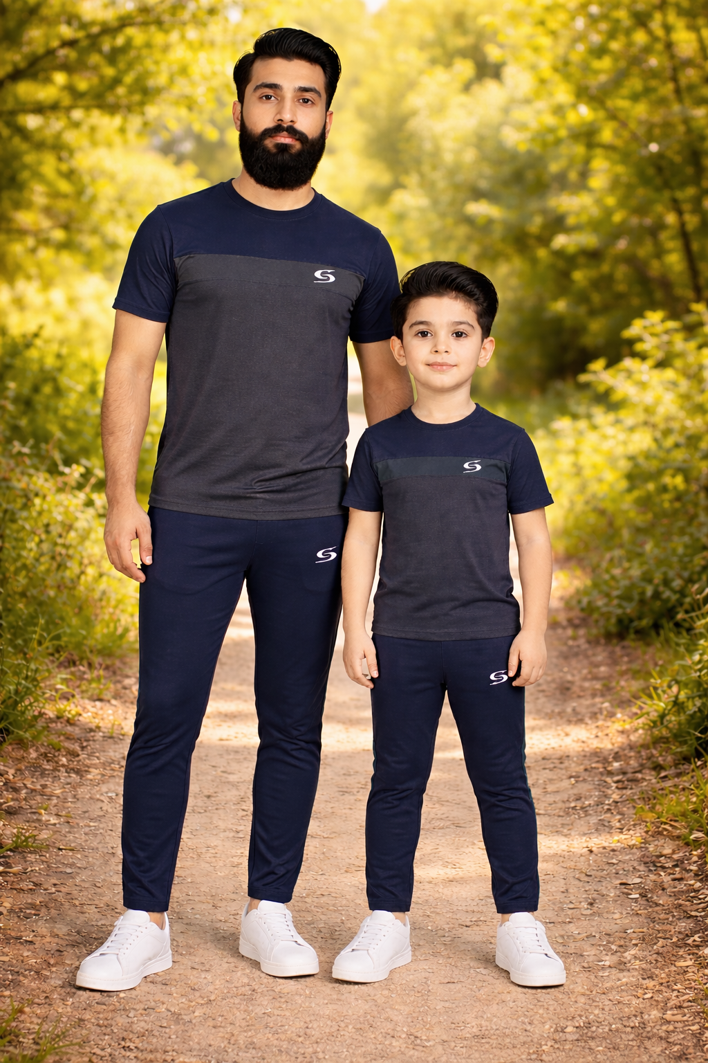 Navy blue and gray "Like Father Like Son" matching T-shirts from Superwear displayed side by side.