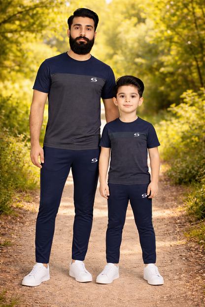 Navy blue and gray "Like Father Like Son" matching T-shirts from Superwear displayed side by side.