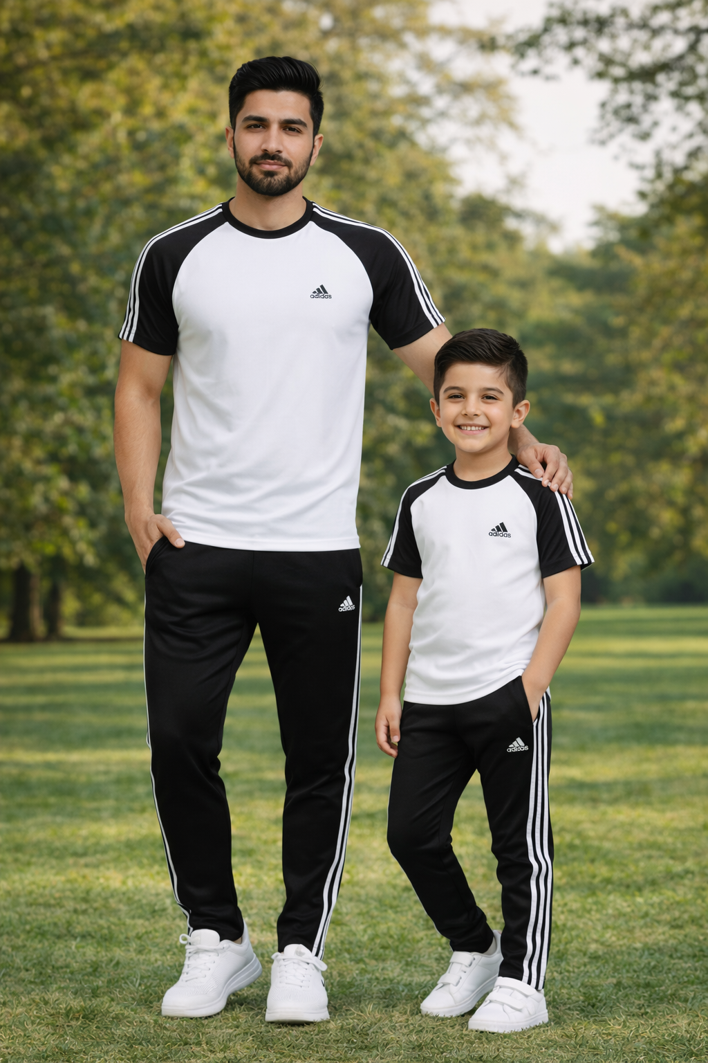 Father and son wearing matching white and black combo outfits from Superwear's Like Father Like Son Adi collection.