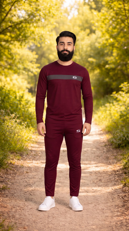 Men’s maroon and gray dry-fit tracksuit with long sleeves by My Store, featuring a comfortable athletic design.