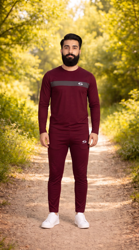 Men’s maroon and gray dry-fit tracksuit with long sleeves by My Store, featuring a comfortable athletic design.